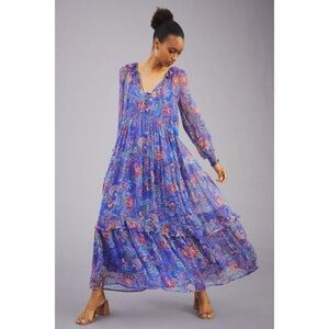 Anthropologie The Marais Chiffon Maxi Dress Blue Motif Small Petite SP Rare